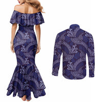 Deep Blue Monstera Couples Matching Mermaid Dress and Long Sleeve Button Shirt Polynesian Tribal Pattern - Polynesian Pride