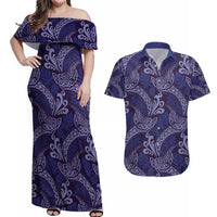 Deep Blue Monstera Couples Matching Off Shoulder Maxi Dress and Hawaiian Shirt Polynesian Tribal Pattern - Polynesian Pride