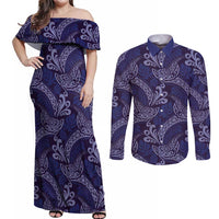 Deep Blue Monstera Couples Matching Off Shoulder Maxi Dress and Long Sleeve Button Shirt Polynesian Tribal Pattern - Polynesian Pride