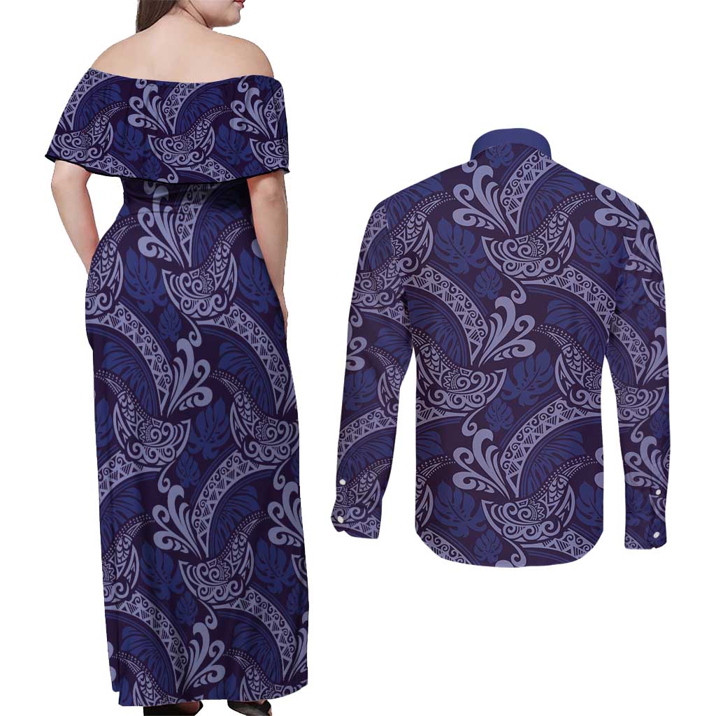 Deep Blue Monstera Couples Matching Off Shoulder Maxi Dress and Long Sleeve Button Shirt Polynesian Tribal Pattern - Polynesian Pride