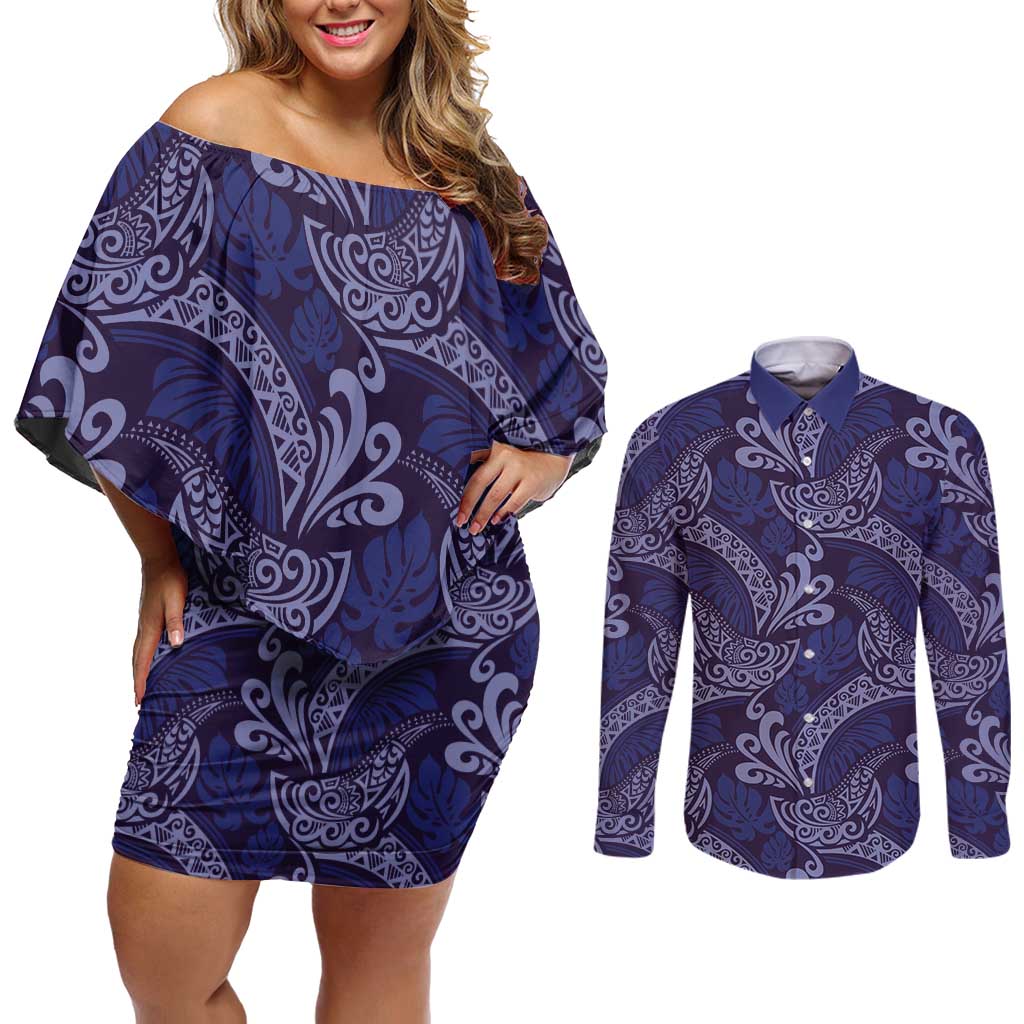 Deep Blue Monstera Couples Matching Off Shoulder Short Dress and Long Sleeve Button Shirt Polynesian Tribal Pattern - Polynesian Pride