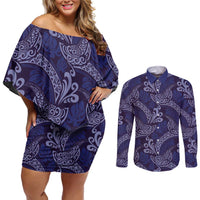 Deep Blue Monstera Couples Matching Off Shoulder Short Dress and Long Sleeve Button Shirt Polynesian Tribal Pattern - Polynesian Pride