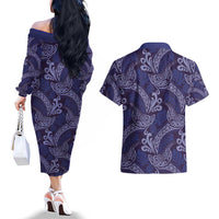 Deep Blue Monstera Couples Matching Off The Shoulder Long Sleeve Dress and Hawaiian Shirt Polynesian Tribal Pattern - Polynesian Pride