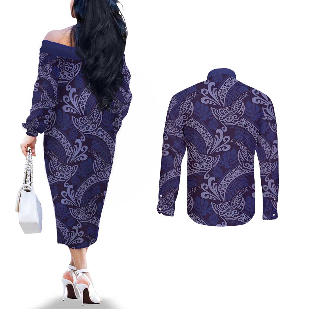 Deep Blue Monstera Couples Matching Off The Shoulder Long Sleeve Dress and Long Sleeve Button Shirt Polynesian Tribal Pattern - Polynesian Pride