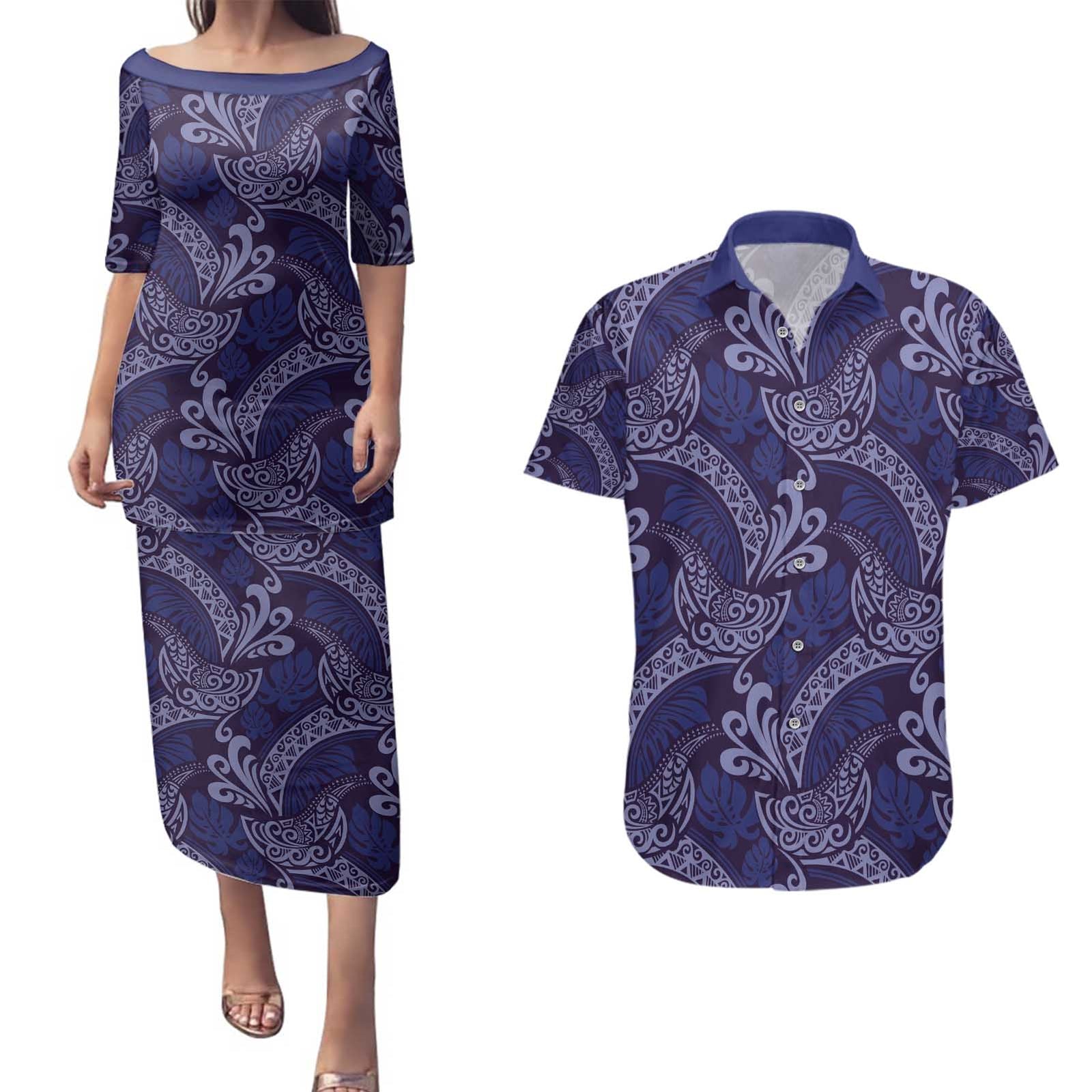 Deep Blue Monstera Couples Matching Puletasi and Hawaiian Shirt Polynesian Tribal Pattern - Polynesian Pride