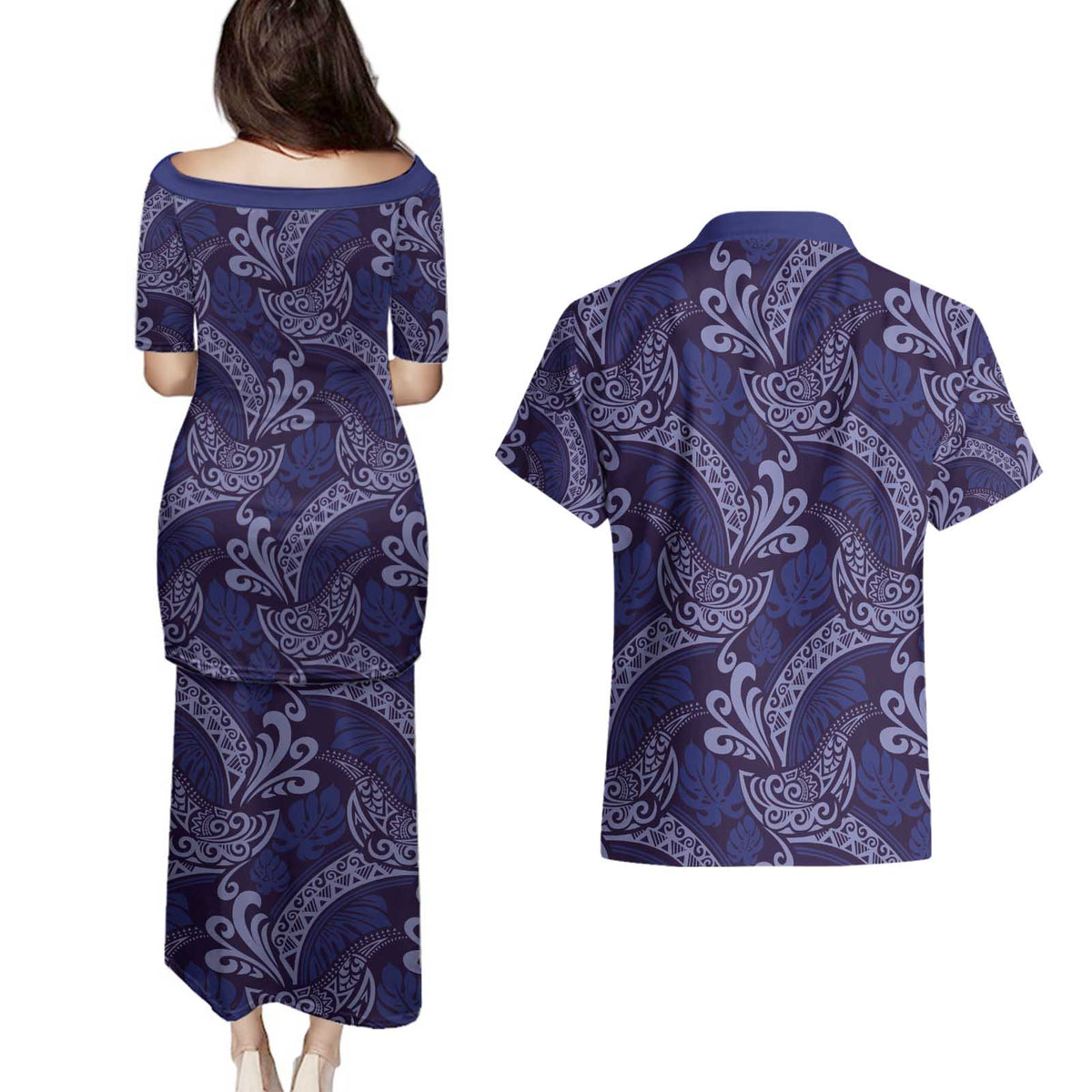 Deep Blue Monstera Couples Matching Puletasi and Hawaiian Shirt Polynesian Tribal Pattern - Polynesian Pride