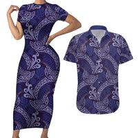 Deep Blue Monstera Couples Matching Short Sleeve Bodycon Dress and Hawaiian Shirt Polynesian Tribal Pattern - Polynesian Pride