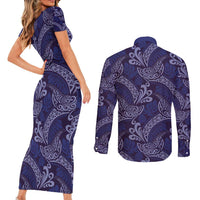 Deep Blue Monstera Couples Matching Short Sleeve Bodycon Dress and Long Sleeve Button Shirt Polynesian Tribal Pattern - Polynesian Pride