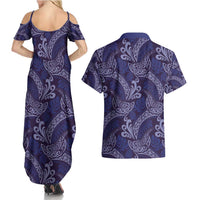 Deep Blue Monstera Couples Matching Summer Maxi Dress and Hawaiian Shirt Polynesian Tribal Pattern - Polynesian Pride