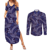 Deep Blue Monstera Couples Matching Summer Maxi Dress and Long Sleeve Button Shirt Polynesian Tribal Pattern - Polynesian Pride