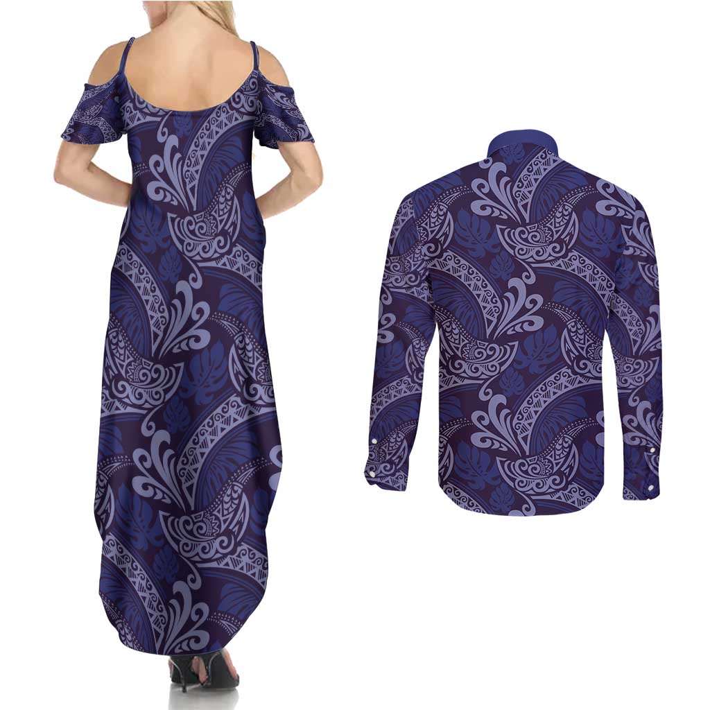 Deep Blue Monstera Couples Matching Summer Maxi Dress and Long Sleeve Button Shirt Polynesian Tribal Pattern - Polynesian Pride