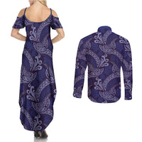 Deep Blue Monstera Couples Matching Summer Maxi Dress and Long Sleeve Button Shirt Polynesian Tribal Pattern - Polynesian Pride