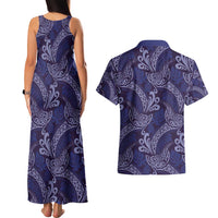 Deep Blue Monstera Couples Matching Tank Maxi Dress and Hawaiian Shirt Polynesian Tribal Pattern - Polynesian Pride