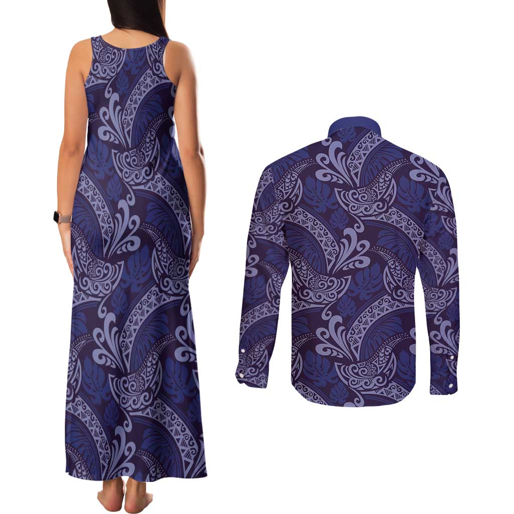 Deep Blue Monstera Couples Matching Tank Maxi Dress and Long Sleeve Button Shirt Polynesian Tribal Pattern - Polynesian Pride