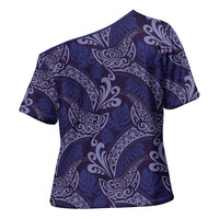 Deep Blue Monstera Cross Shoulder Shirt Polynesian Tribal Pattern - Polynesian Pride