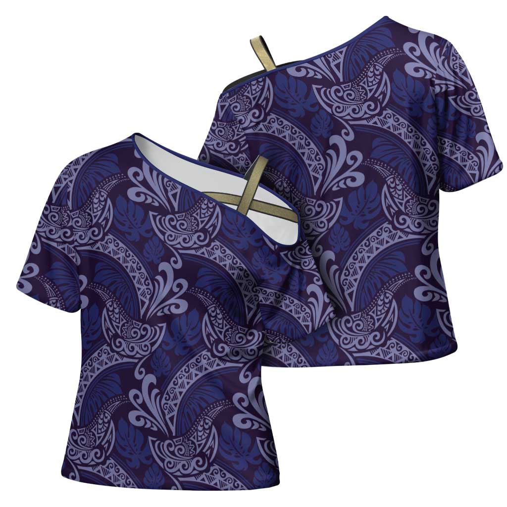 Deep Blue Monstera Cross Shoulder Shirt Polynesian Tribal Pattern - Polynesian Pride