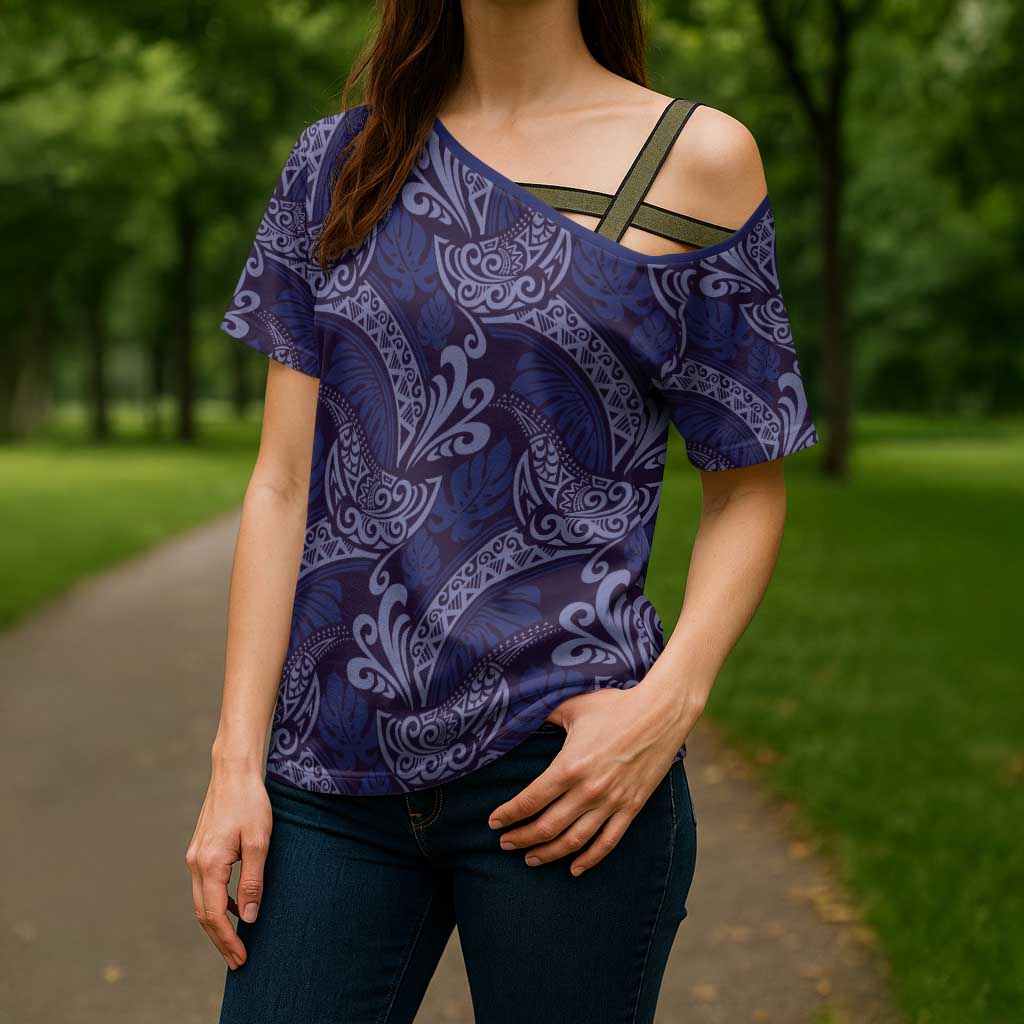 Deep Blue Monstera Cross Shoulder Shirt Polynesian Tribal Pattern - Polynesian Pride