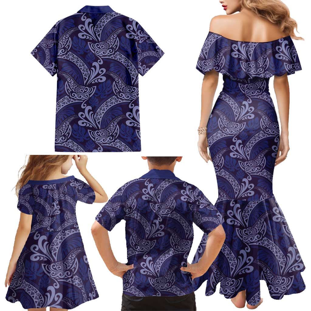 Deep Blue Monstera Family Matching Mermaid Dress and Hawaiian Shirt Polynesian Tribal Pattern - Polynesian Pride
