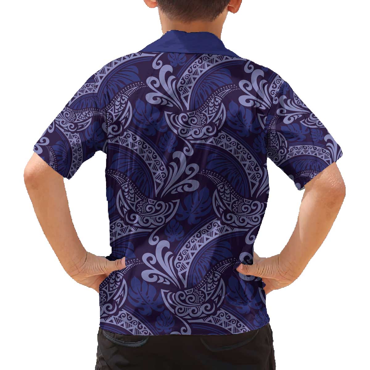 Deep Blue Monstera Family Matching Off The Shoulder Long Sleeve Dress and Hawaiian Shirt Polynesian Tribal Pattern - Polynesian Pride