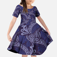 Deep Blue Monstera Family Matching Off The Shoulder Long Sleeve Dress and Hawaiian Shirt Polynesian Tribal Pattern - Polynesian Pride