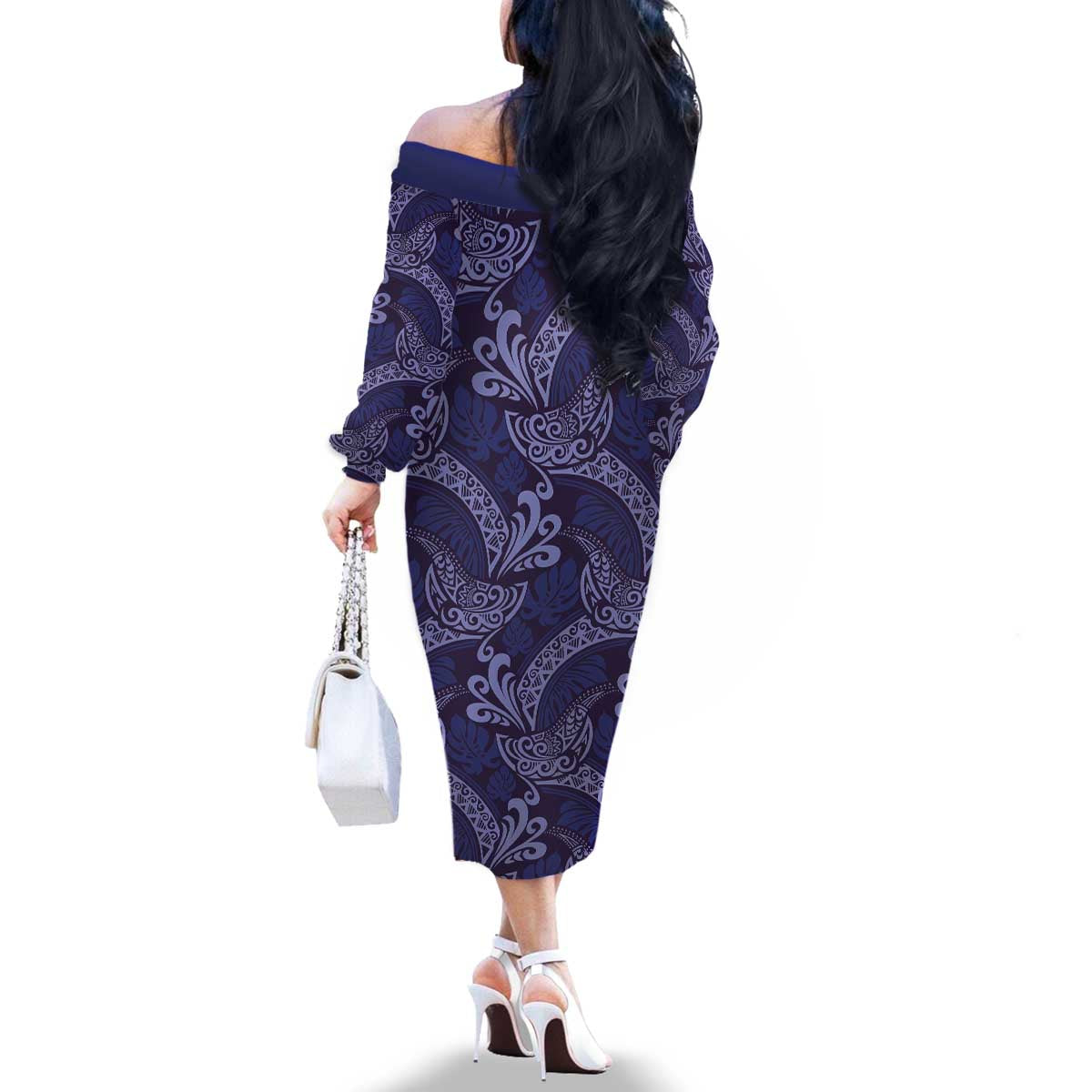 Deep Blue Monstera Family Matching Off The Shoulder Long Sleeve Dress and Hawaiian Shirt Polynesian Tribal Pattern - Polynesian Pride