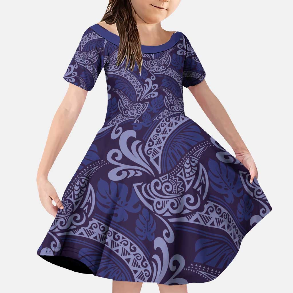 Deep Blue Monstera Family Matching Off Shoulder Maxi Dress and Hawaiian Shirt Polynesian Tribal Pattern - Polynesian Pride