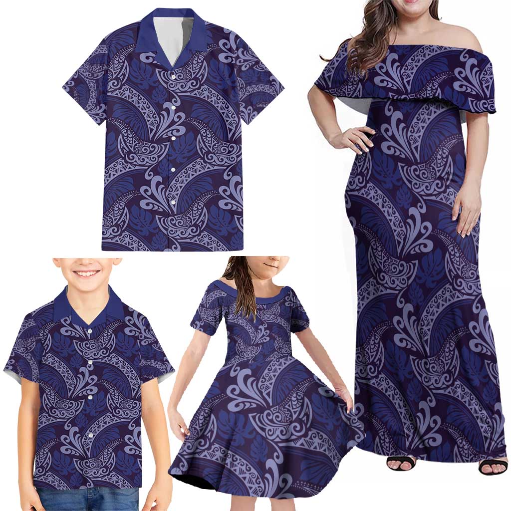 Deep Blue Monstera Family Matching Off Shoulder Maxi Dress and Hawaiian Shirt Polynesian Tribal Pattern - Polynesian Pride