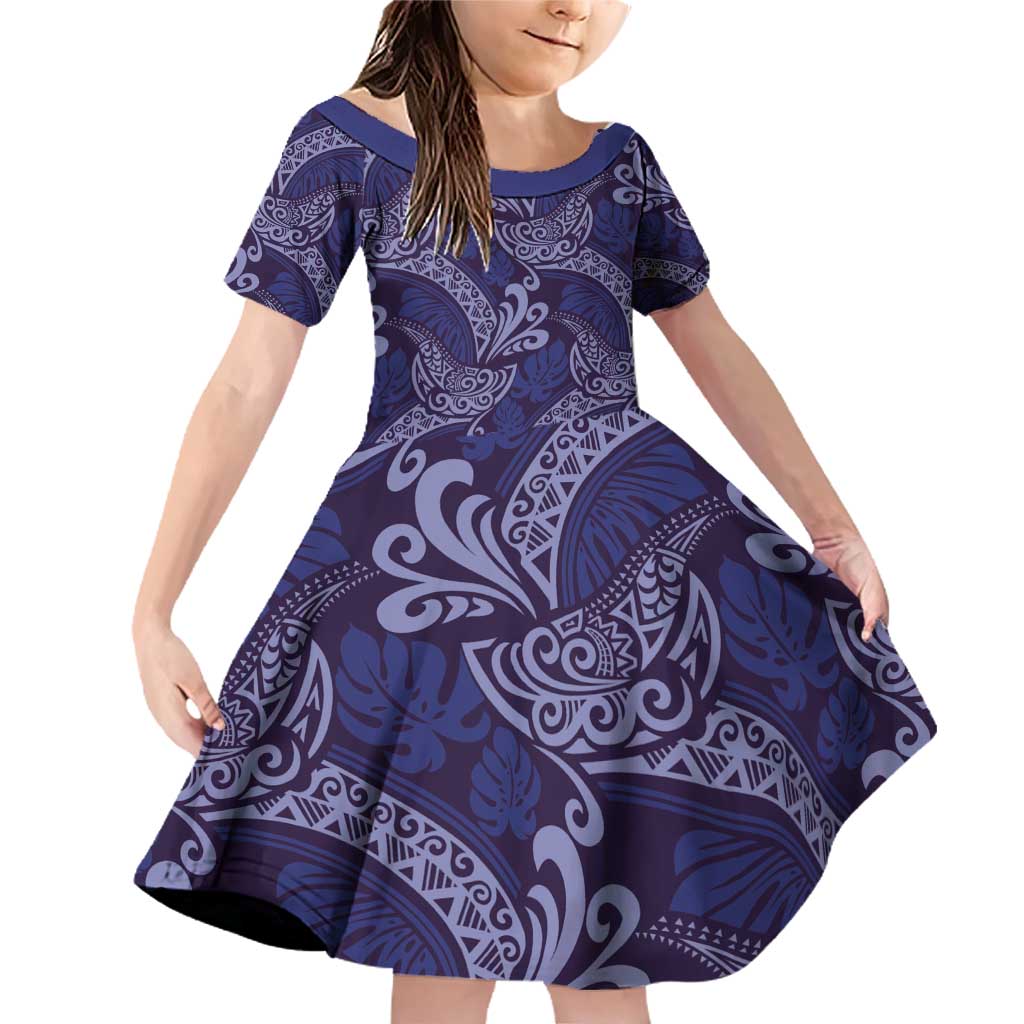 Deep Blue Monstera Family Matching Off Shoulder Short Dress and Hawaiian Shirt Polynesian Tribal Pattern - Polynesian Pride