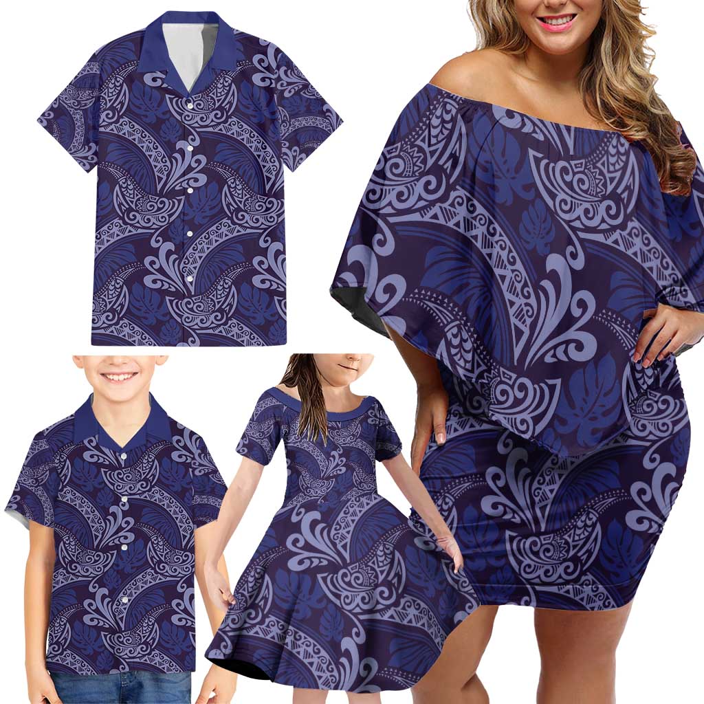 Deep Blue Monstera Family Matching Off Shoulder Short Dress and Hawaiian Shirt Polynesian Tribal Pattern - Polynesian Pride