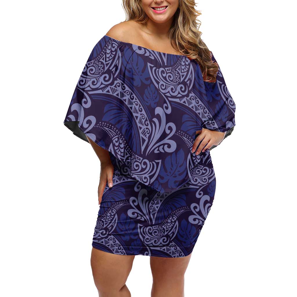Deep Blue Monstera Family Matching Off Shoulder Short Dress and Hawaiian Shirt Polynesian Tribal Pattern - Polynesian Pride