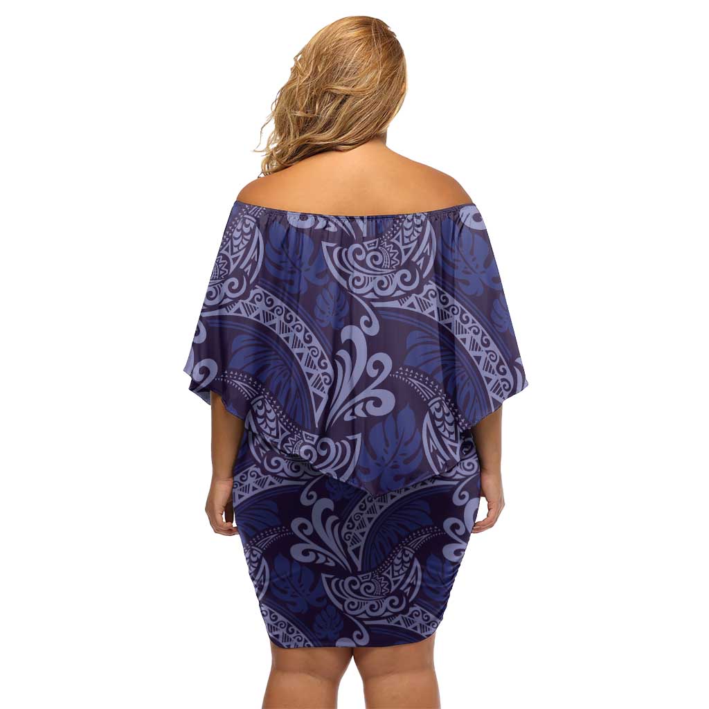 Deep Blue Monstera Family Matching Off Shoulder Short Dress and Hawaiian Shirt Polynesian Tribal Pattern - Polynesian Pride