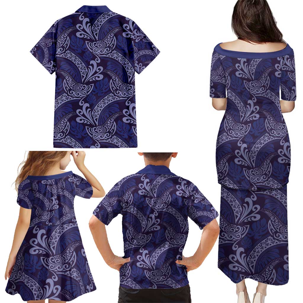 Deep Blue Monstera Family Matching Puletasi and Hawaiian Shirt Polynesian Tribal Pattern - Polynesian Pride