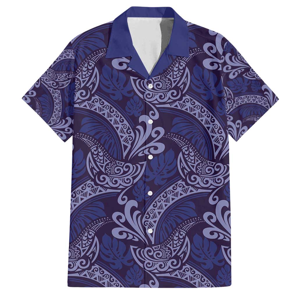 Deep Blue Monstera Family Matching Puletasi and Hawaiian Shirt Polynesian Tribal Pattern - Polynesian Pride