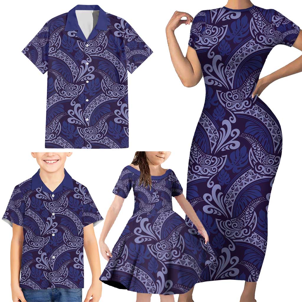 Deep Blue Monstera Family Matching Short Sleeve Bodycon Dress and Hawaiian Shirt Polynesian Tribal Pattern - Polynesian Pride