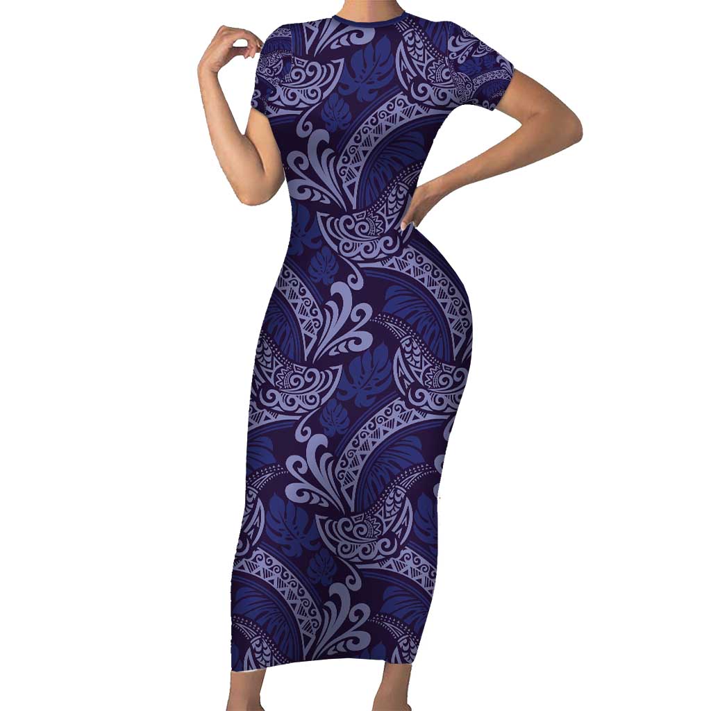 Deep Blue Monstera Family Matching Short Sleeve Bodycon Dress and Hawaiian Shirt Polynesian Tribal Pattern - Polynesian Pride
