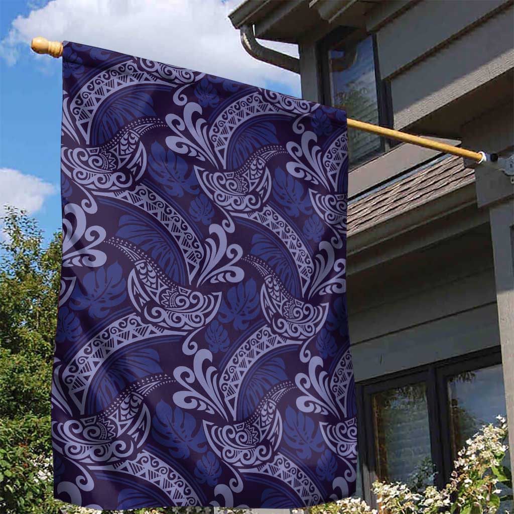Deep Blue Monstera Garden Flag Polynesian Tribal Pattern - Polynesian Pride