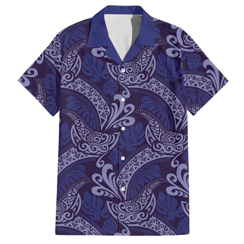 Deep Blue Monstera Hawaiian Shirt Polynesian Tribal Pattern - Polynesian Pride