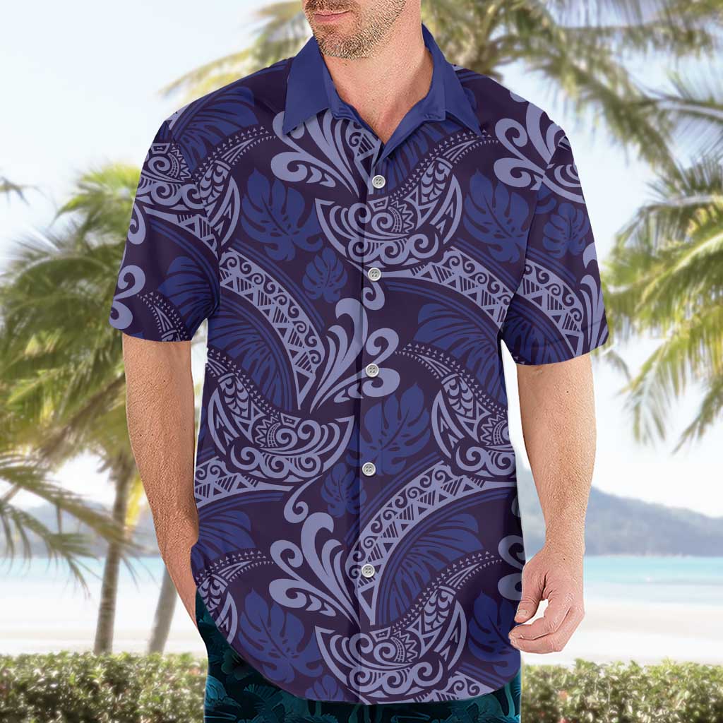 Deep Blue Monstera Hawaiian Shirt Polynesian Tribal Pattern - Polynesian Pride