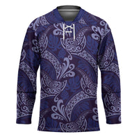 Deep Blue Monstera Hockey Jersey Polynesian Tribal Pattern - Polynesian Pride