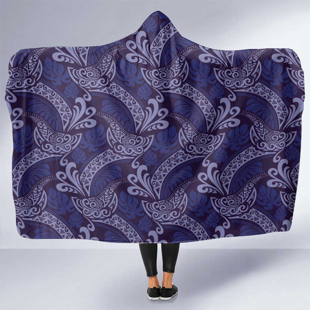 Deep Blue Monstera Hooded Blanket Polynesian Tribal Pattern - Polynesian Pride