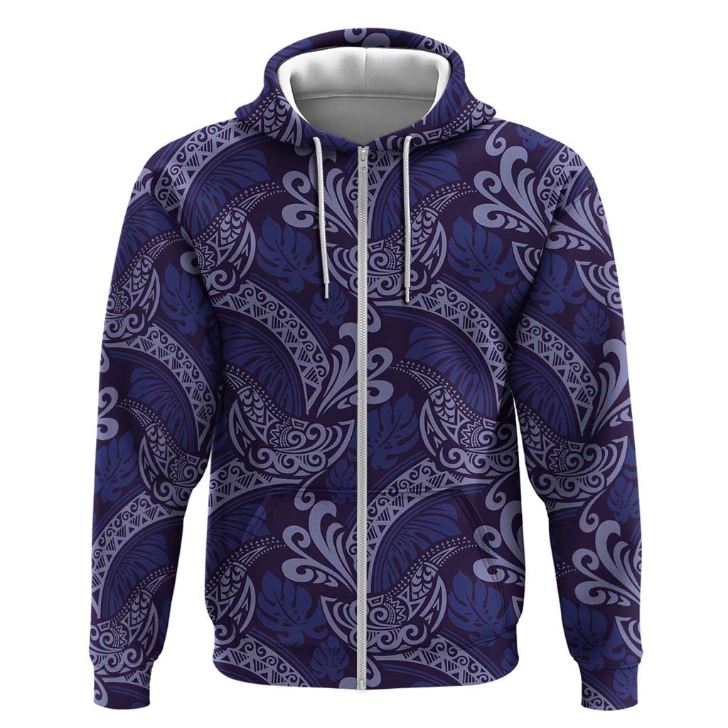 Deep Blue Monstera Hoodie Polynesian Tribal Pattern - Polynesian Pride