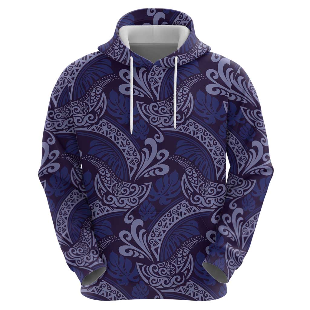 Deep Blue Monstera Hoodie Polynesian Tribal Pattern - Polynesian Pride