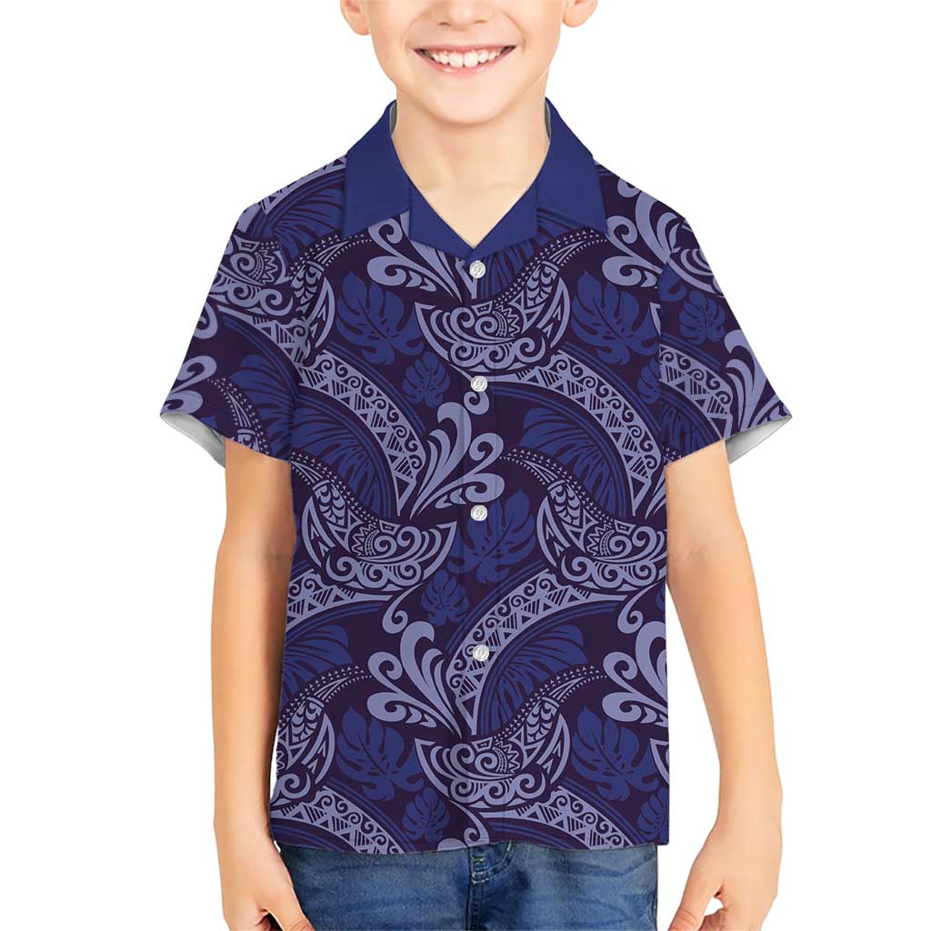 Deep Blue Monstera Kid Hawaiian Shirt Polynesian Tribal Pattern - Polynesian Pride
