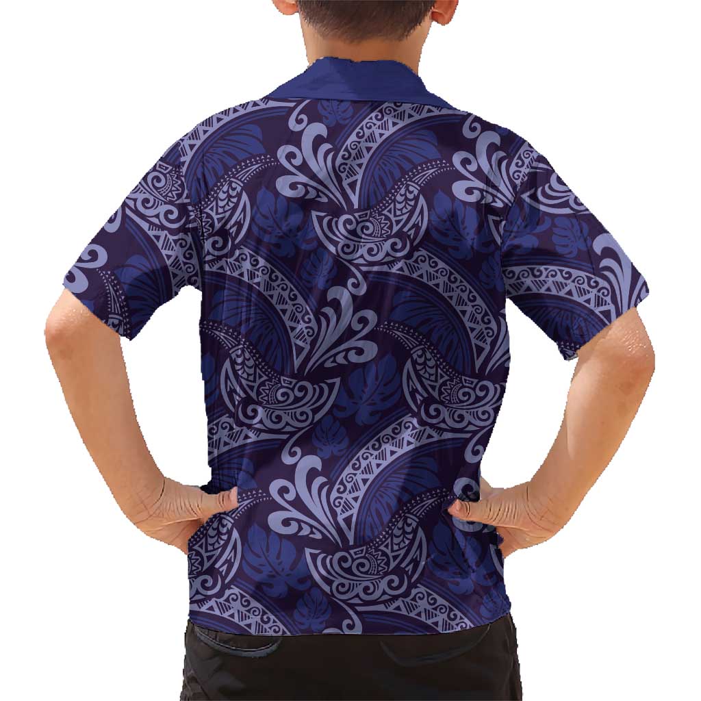 Deep Blue Monstera Kid Hawaiian Shirt Polynesian Tribal Pattern - Polynesian Pride