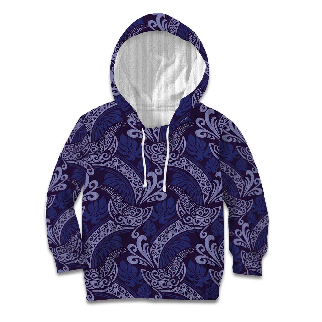 Deep Blue Monstera Kid Hoodie Polynesian Tribal Pattern - Polynesian Pride