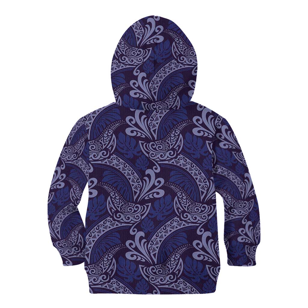 Deep Blue Monstera Kid Hoodie Polynesian Tribal Pattern - Polynesian Pride