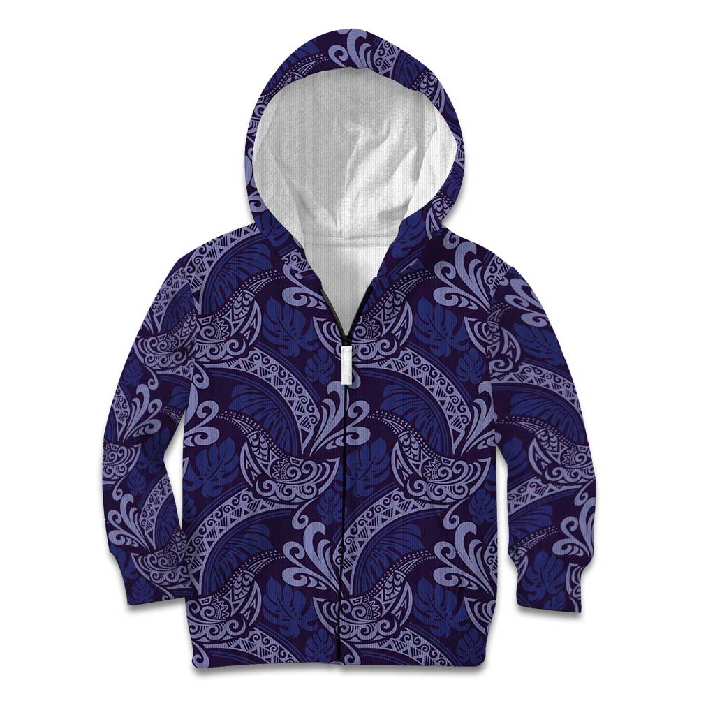 Deep Blue Monstera Kid Hoodie Polynesian Tribal Pattern - Polynesian Pride