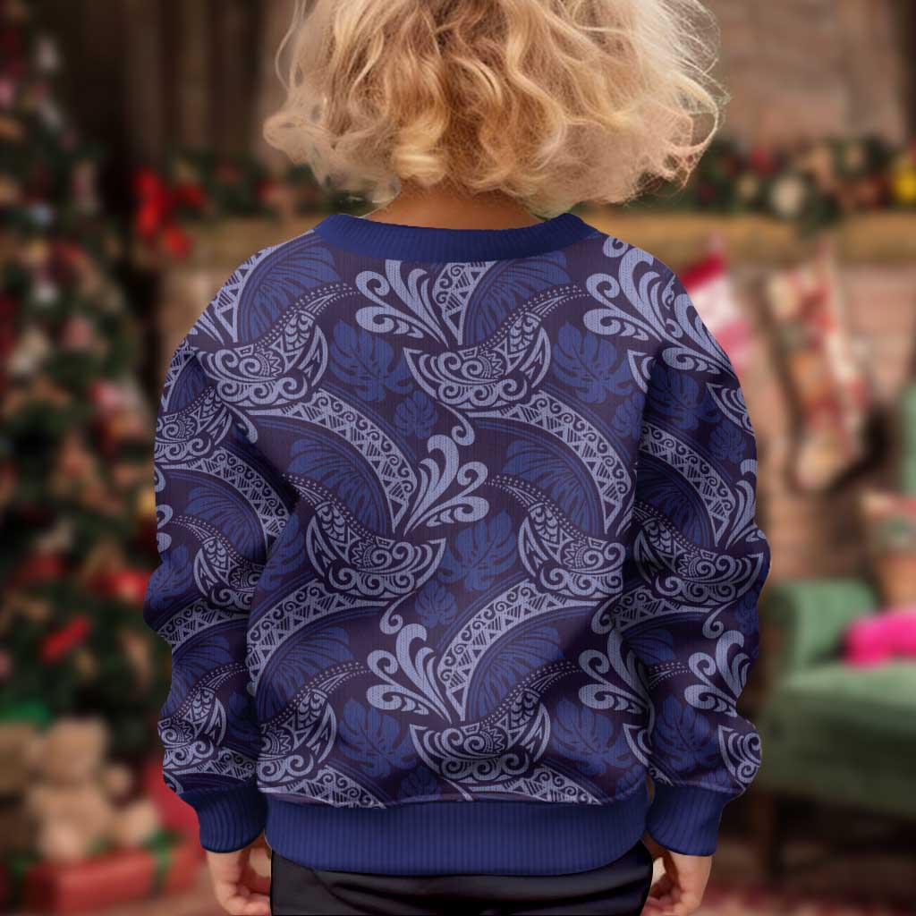 Deep Blue Monstera Kid Ugly Christmas Sweater Polynesian Tribal Pattern - Polynesian Pride