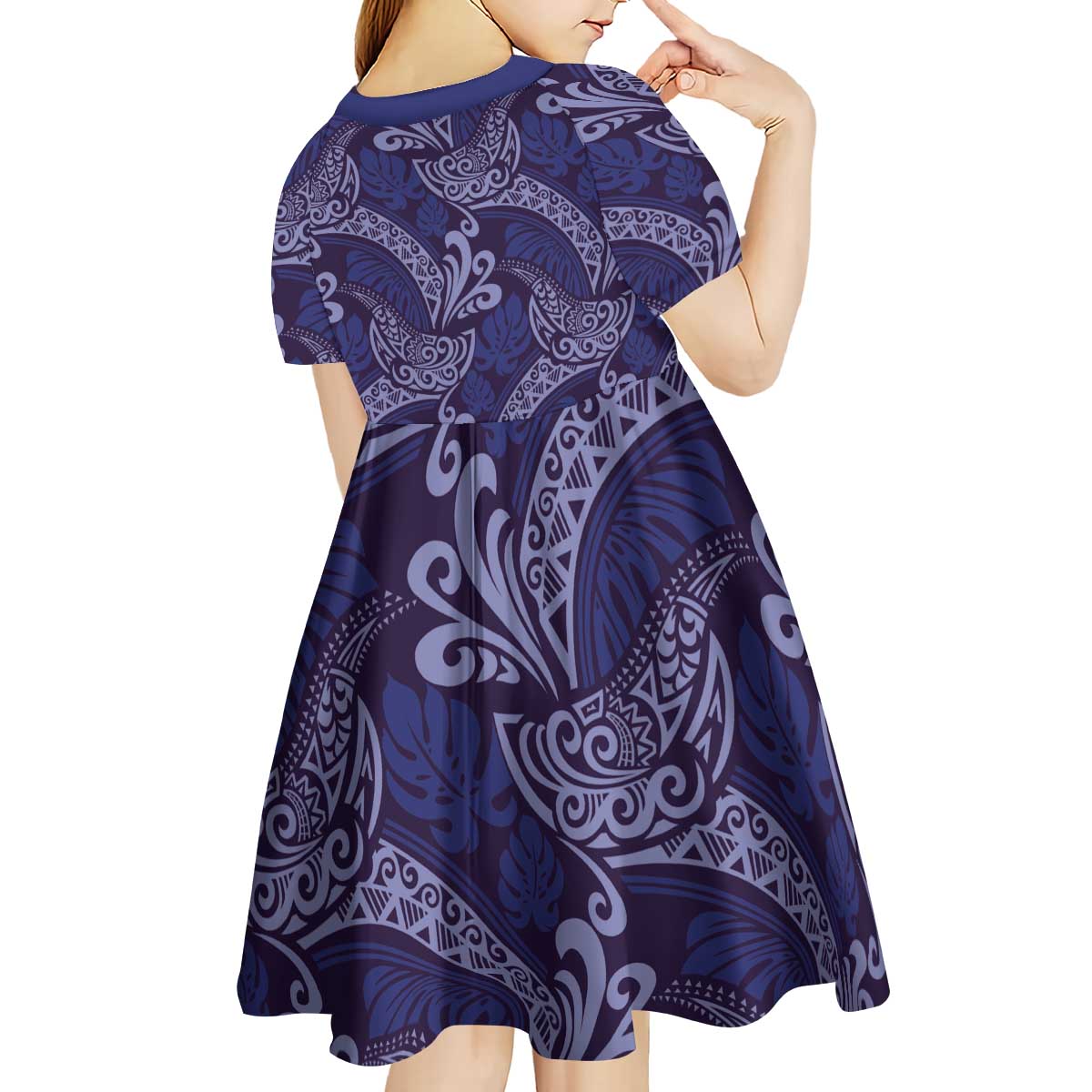 Deep Blue Monstera Kid Short Sleeve Dress Polynesian Tribal Pattern - Polynesian Pride