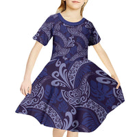 Deep Blue Monstera Kid Short Sleeve Dress Polynesian Tribal Pattern - Polynesian Pride
